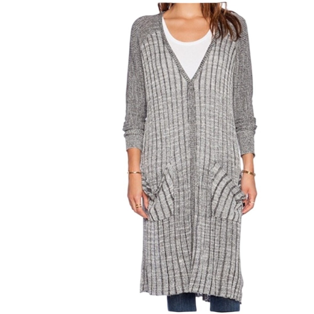 Free People Shadow Stripe Longline Cardigan Grey Ribbed Duster Sweater L comfy